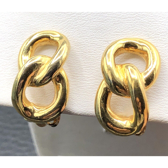Vintage David Hill Earrings Double Link 1980s Gold Tone Clip On Half Hoop - Picture 1 of 9